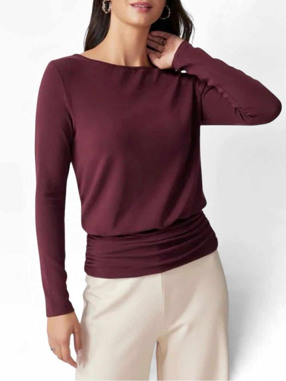 OGL Eco-Mousse Ruched Long Sleeve Top in Burgundy Size Small NWT